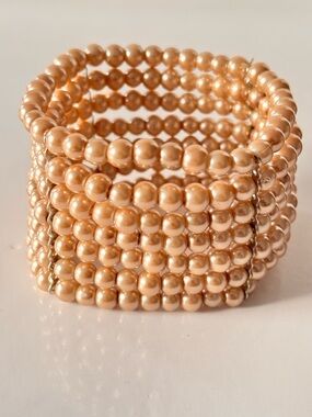 Vintage Faux Pearl Glass Bead Bracelet Rose Gold Tone Stretch Art Deco Revival